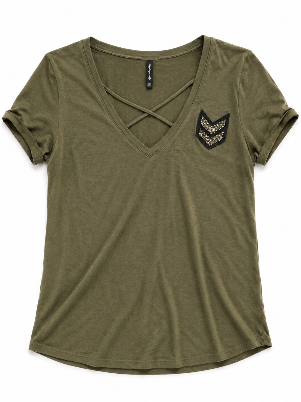 Stradivarius Olive Green Crisscross V-Neck Sequin Patch T-Shirt